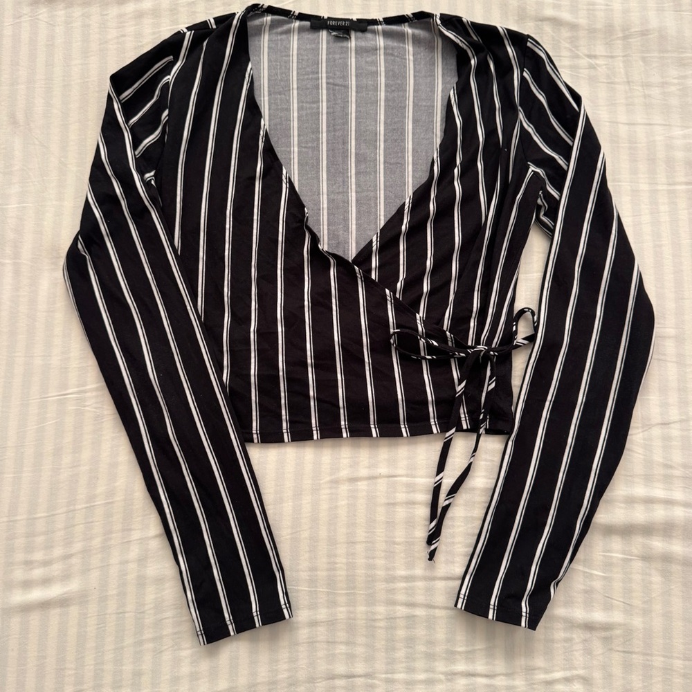 Black and White Striped Wrap Top